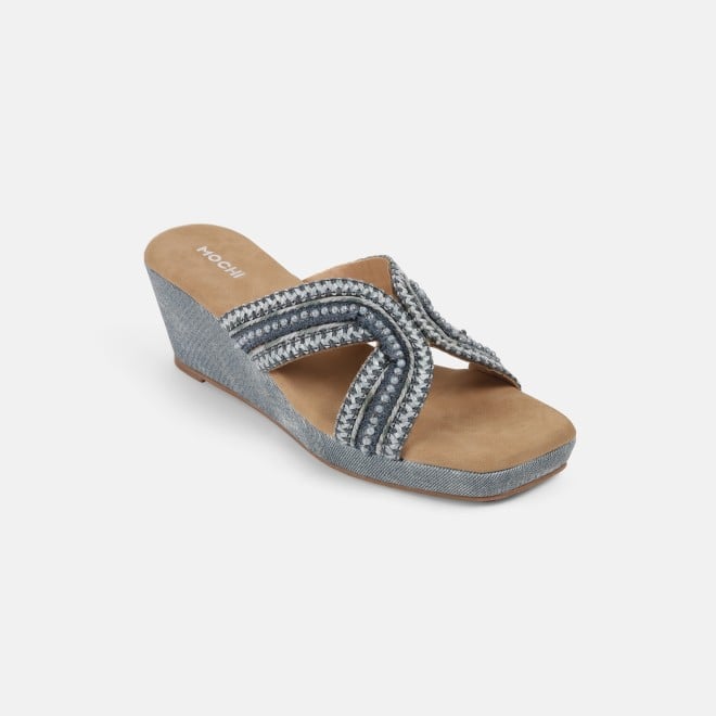 Mochi Women Blue Ethnic Slip Ons