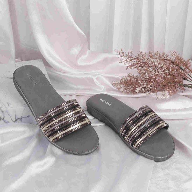 Mochi Women Gun-metal Ethnic Slides (SKU: 35-1243-29-36)