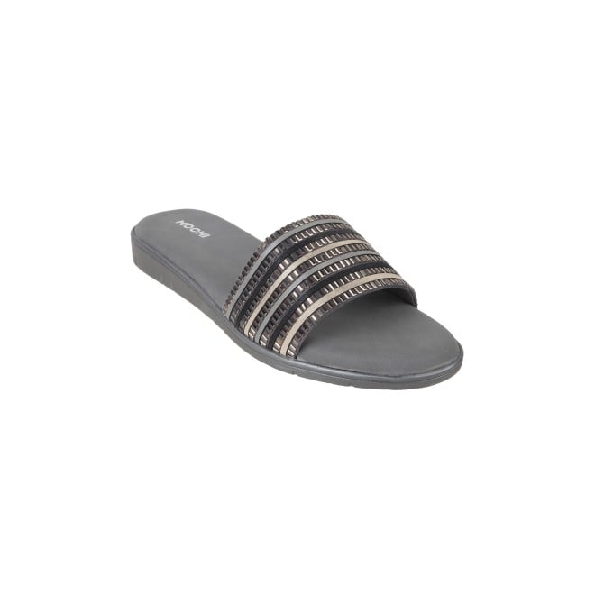 Mochi Women Gun-metal Ethnic Slides (SKU: 35-1243-29-36)