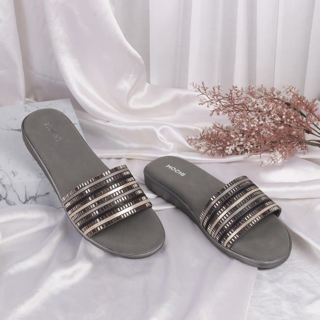 Mochi Women Gun-metal Ethnic Slides