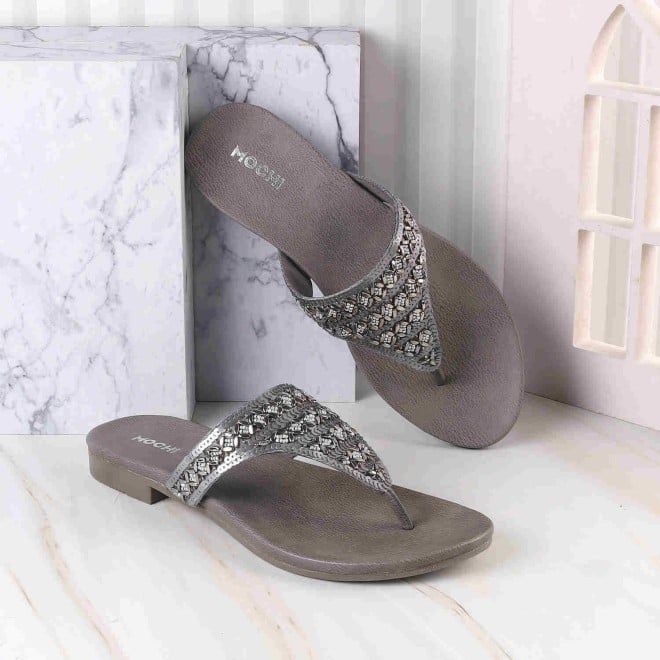 Mochi Women Gun-metal Ethnic Slippers (SKU: 35-1247-29-36)