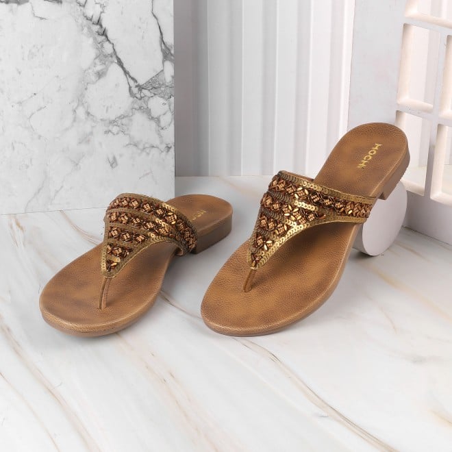 Mochi Women Antic-gold Ethnic Slippers