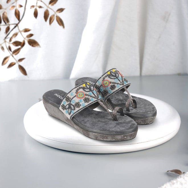 Mochi Women Grey Ethnic Slip Ons