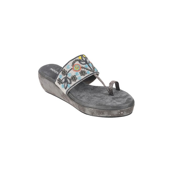 Mochi Women Grey Ethnic Slip Ons