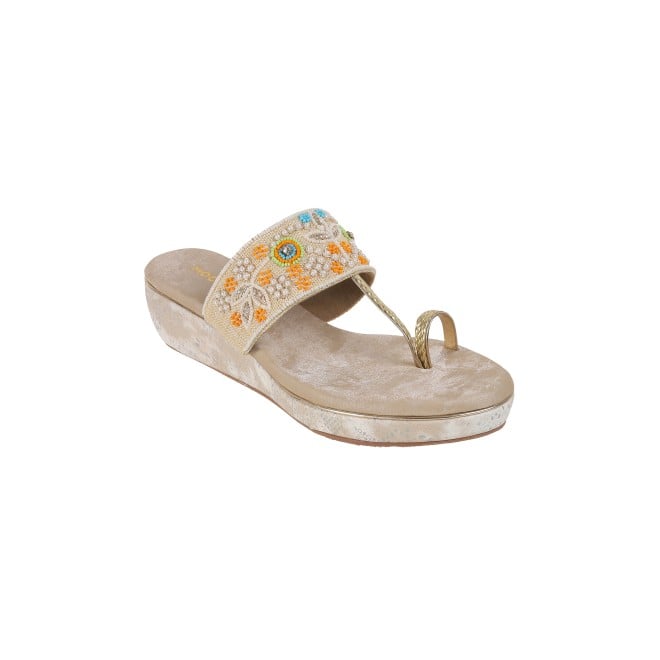 Mochi Women Gold Ethnic Slip Ons