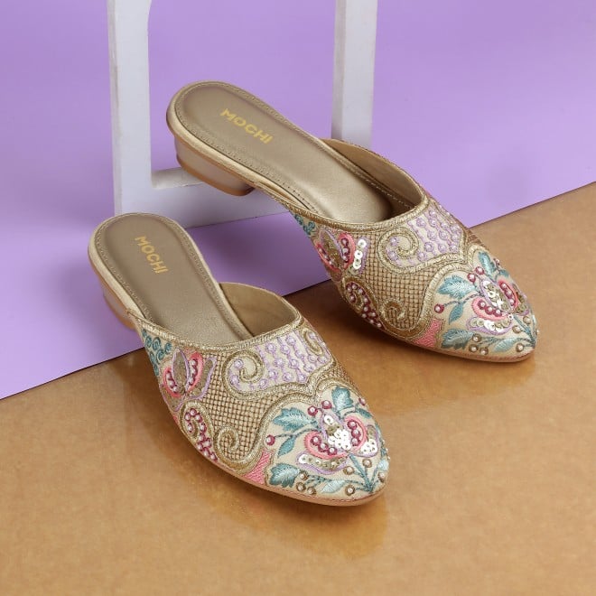 Mochi Women Gold Ethnic Slip Ons