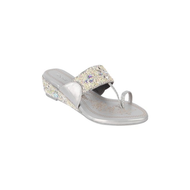 Mochi Women Silver Ethnic Flip-Flops (SKU: 35-173-27-36)