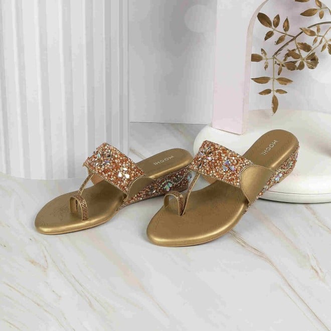 Mochi Women Antic-gold Ethnic Flip-Flops