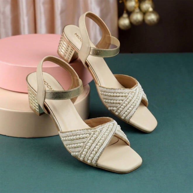 Mochi Women Beige-gold Party Sandals