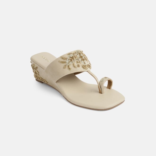 Mochi Women Beige Ethnic Slip Ons