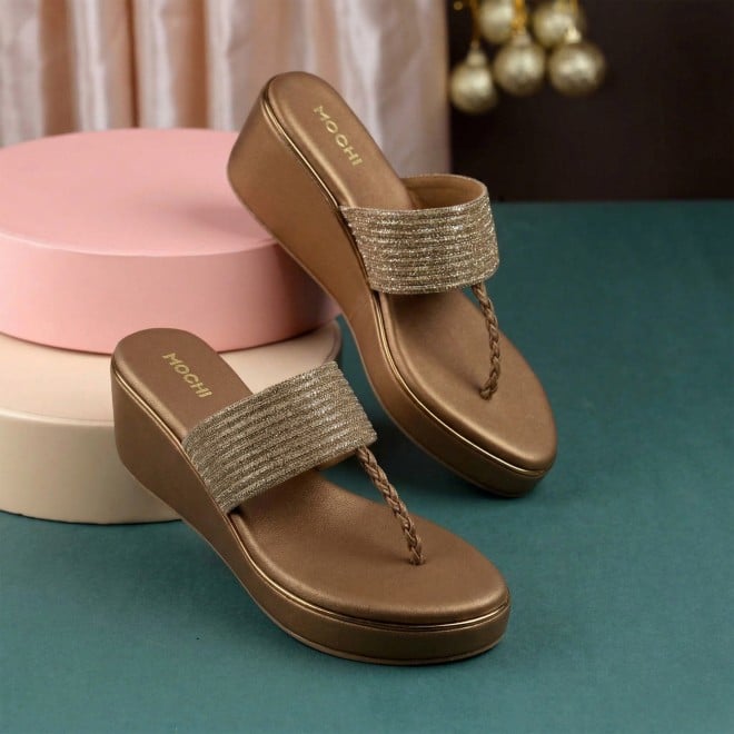 Mochi Women Antic-gold Ethnic Slip Ons