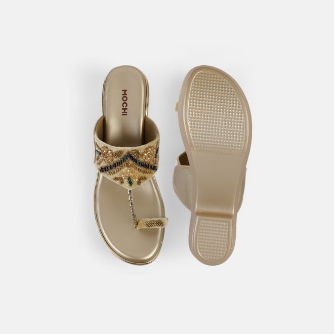 Mochi Women Gold Ethnic Slip Ons (SKU: 35-2054-15-37)