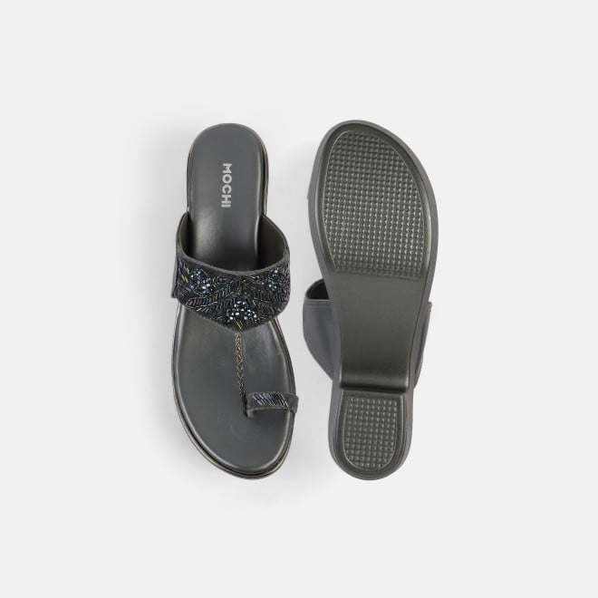 Mochi Women Gun-metal Ethnic Slip Ons (SKU: 35-2054-29-37)