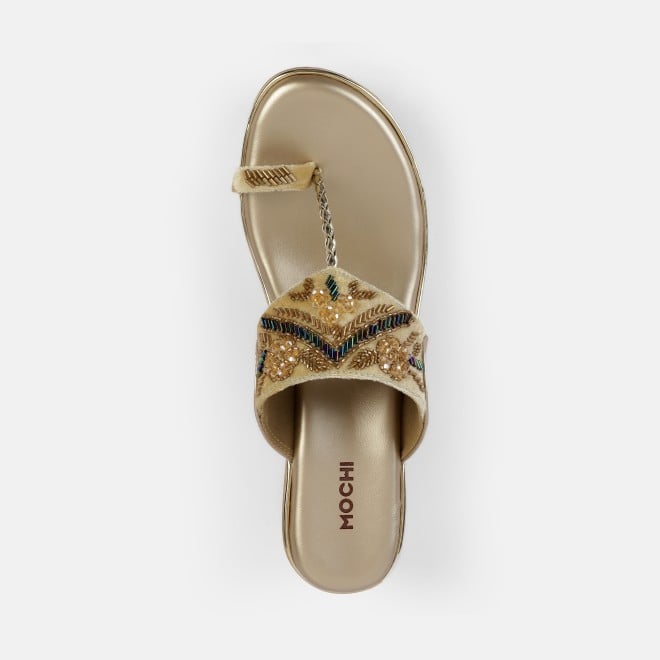 Mochi Women Gold Ethnic Slip Ons (SKU: 35-2054-15-37)