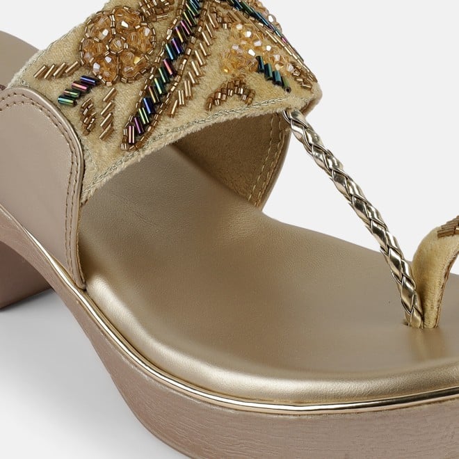 Mochi Women Gold Ethnic Slip Ons (SKU: 35-2054-15-37)