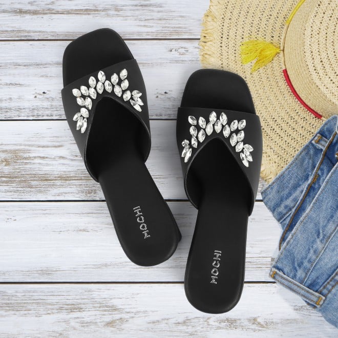 Mochi Women Black Party Slip Ons