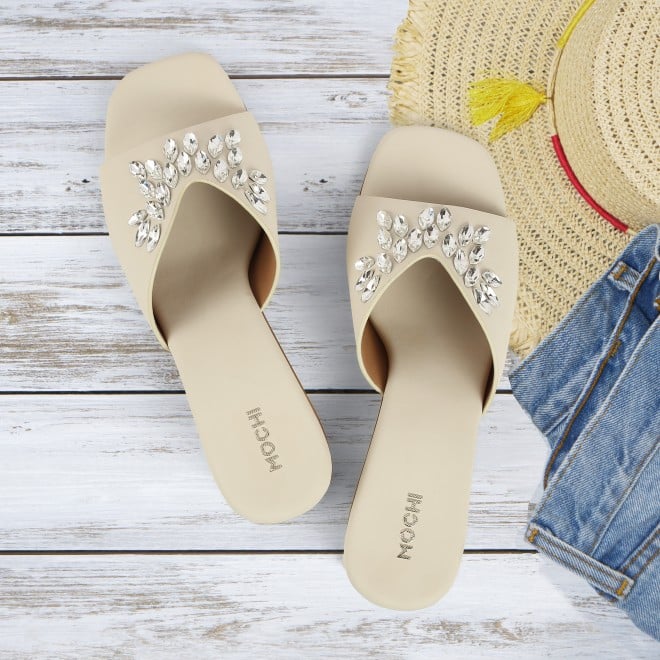 Mochi Women Beige Party Slip Ons
