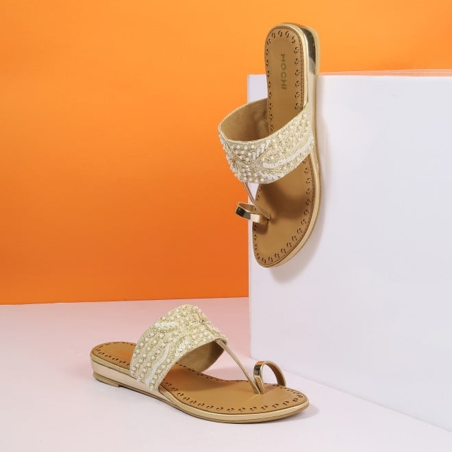 Mochi Women Gold Ethnic Slip Ons