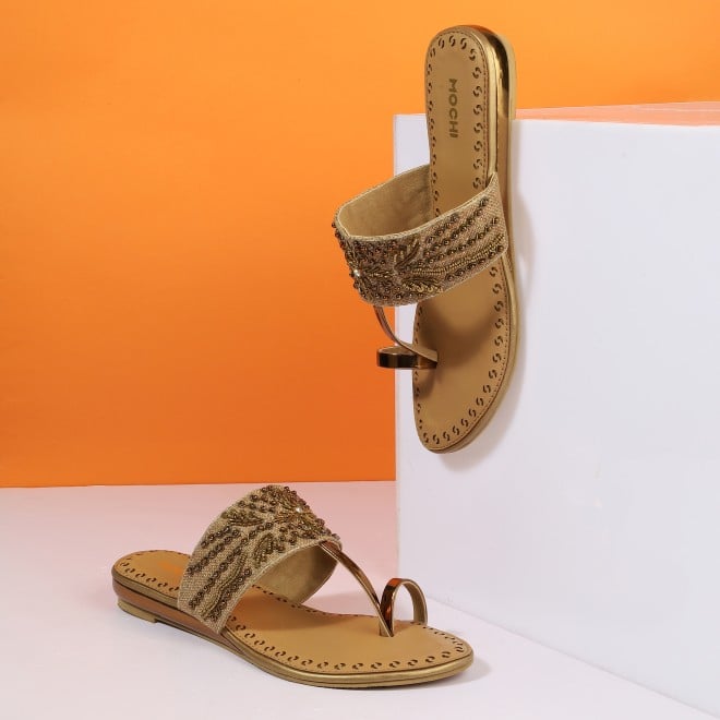 Mochi Women Antic-gold Ethnic Slip Ons