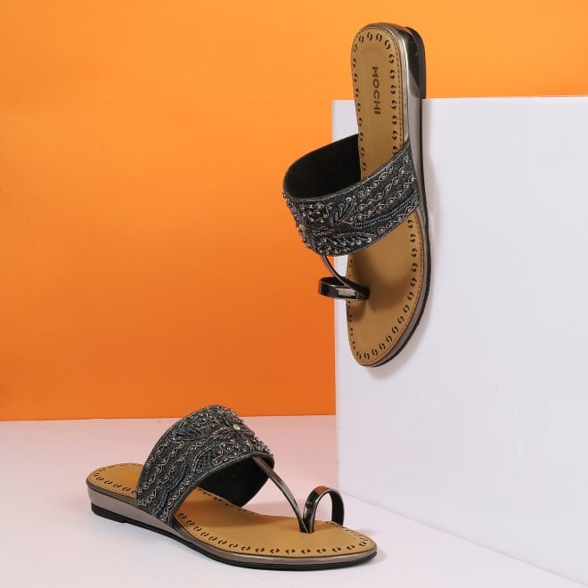 Mochi Women Gun-metal Ethnic Slip Ons (SKU: 35-2114-29-36)