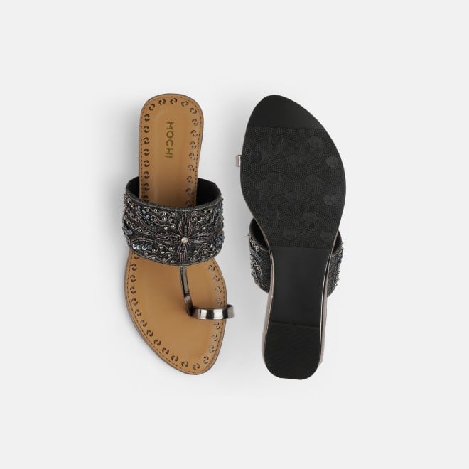 Mochi Women Gun-metal Ethnic Slip Ons (SKU: 35-2114-29-36)