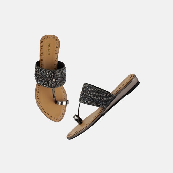 Mochi Women Gun-metal Ethnic Slip Ons (SKU: 35-2114-29-36)