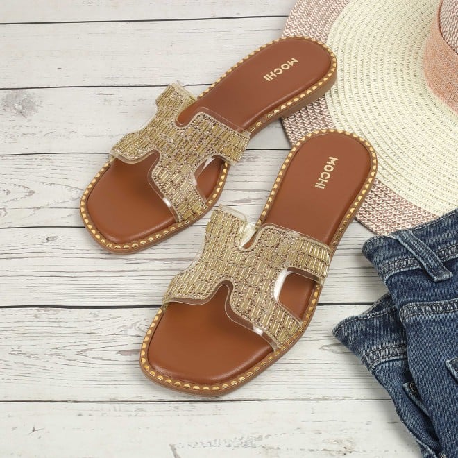 Mochi Women Gold Party Slippers