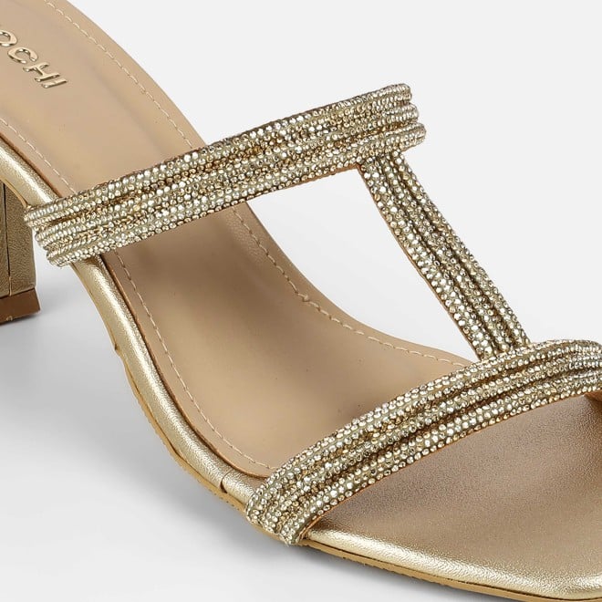 Mochi Women Gold Party Slip Ons (SKU: 35-2354-15-38)