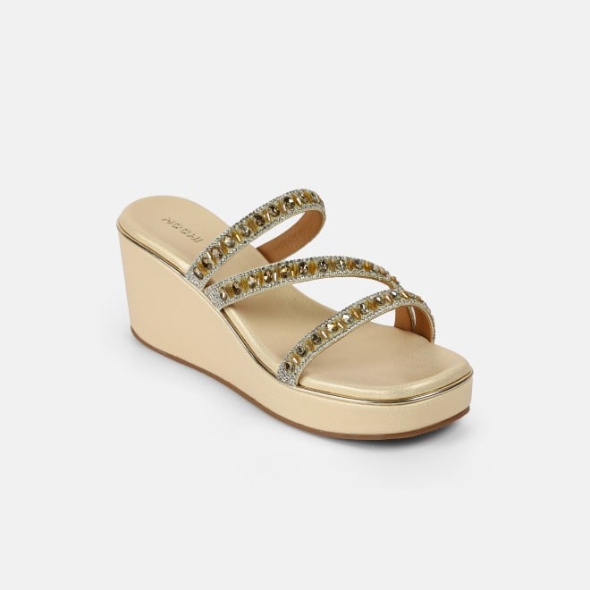 Mochi Women Gold Party Slip Ons