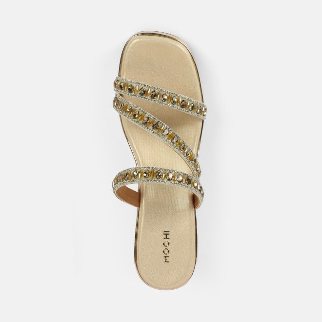 Mochi Women Gold Party Slip Ons (SKU: 35-2370-15-36)