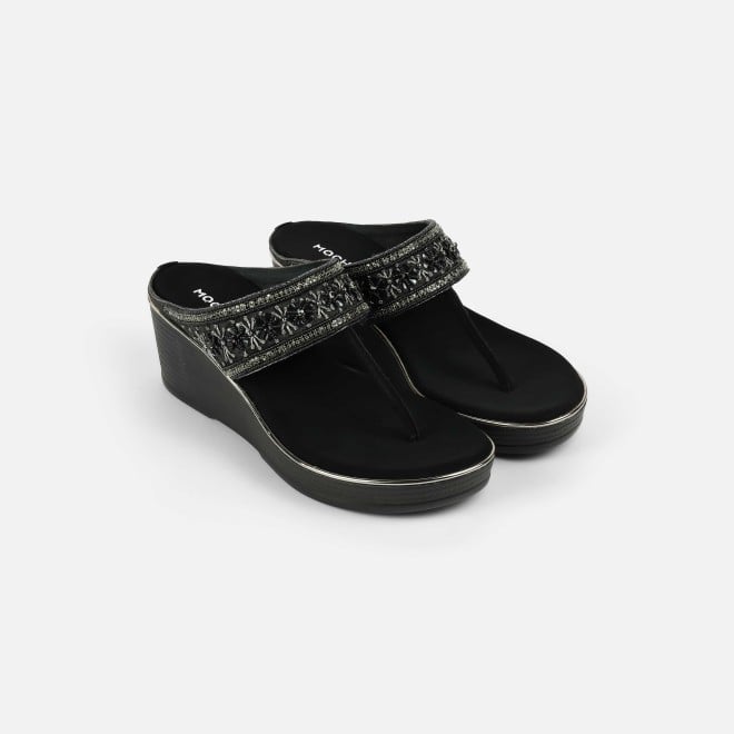 Mochi Women Black Ethnic Slip Ons (SKU: 35-2371-11-37)