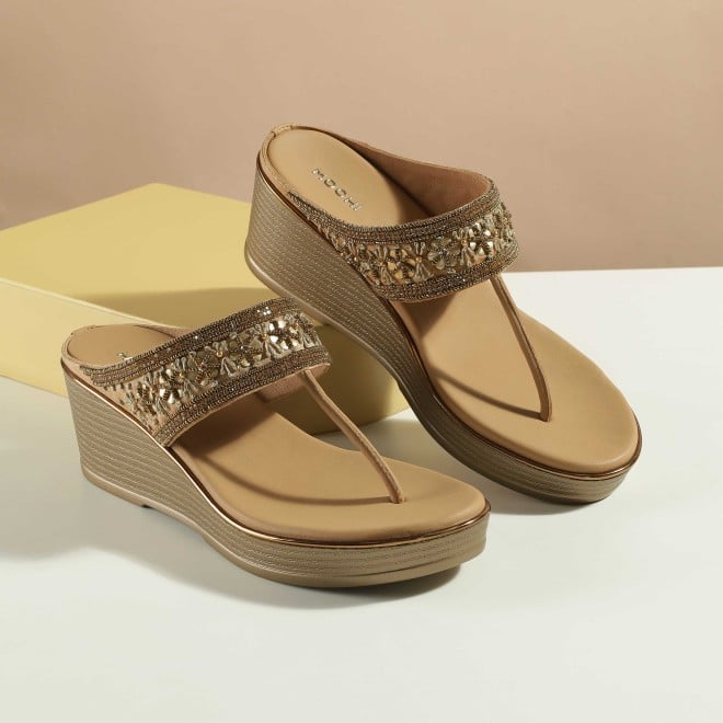 Mochi Women Antic-gold Ethnic Slip Ons