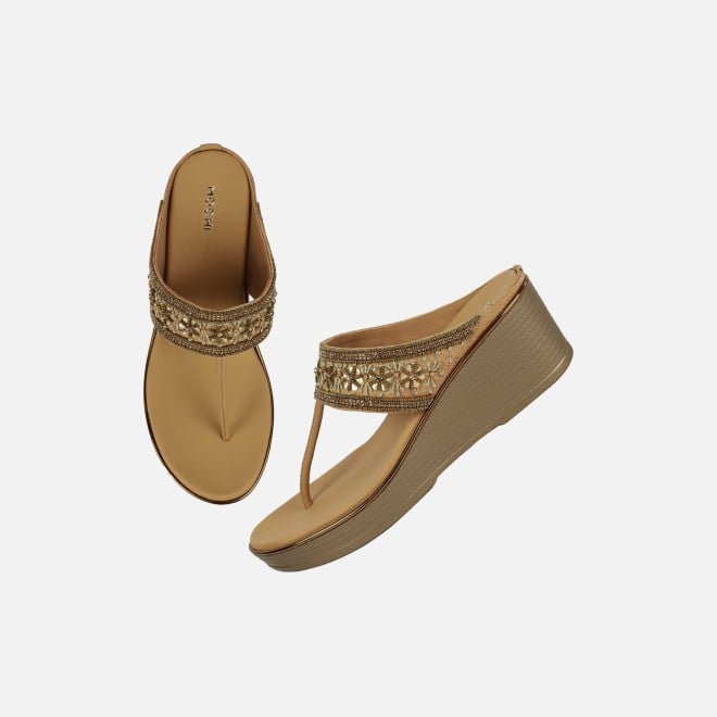 Mochi Women Antic-gold Ethnic Slip Ons (SKU: 35-2371-28-36)