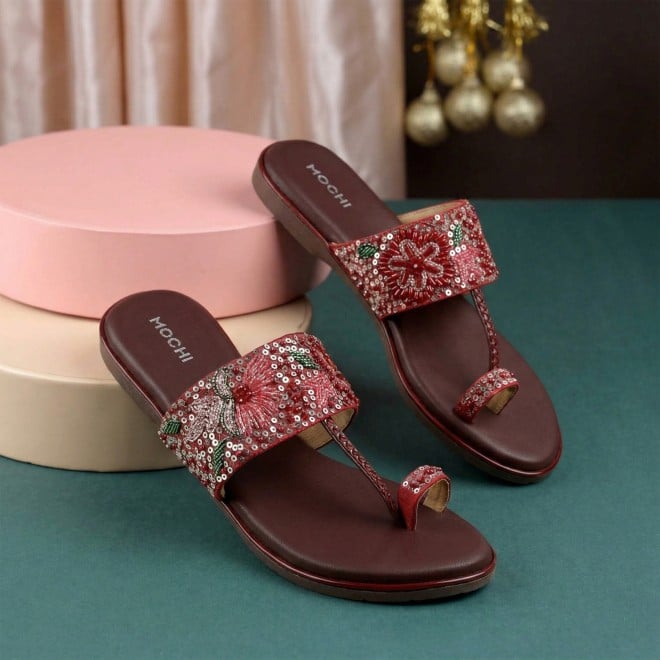 Mochi Women Maroon Ethnic Slip Ons