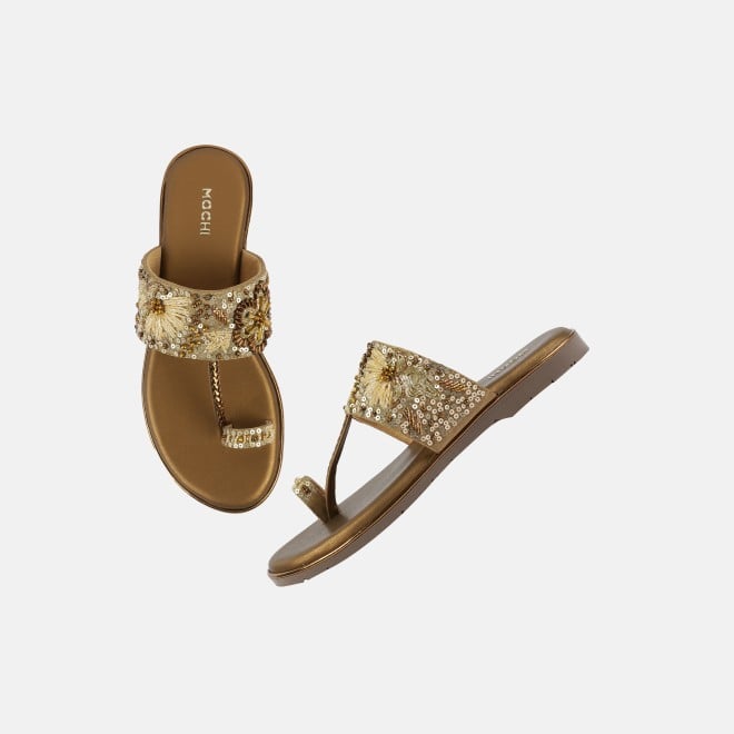 Mochi Women Antic-gold Ethnic Slip Ons (SKU: 35-2374-28-36)