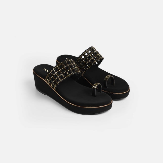 Mochi Women Black Ethnic Slip Ons (SKU: 35-2388-11-36)
