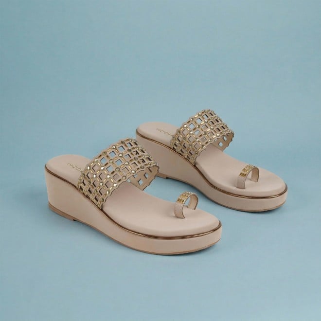 Mochi Women Beige-gold Ethnic Slip Ons