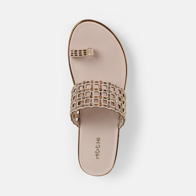 Mochi Women Beige-gold Ethnic Slip Ons (SKU: 35-2388-51-35)