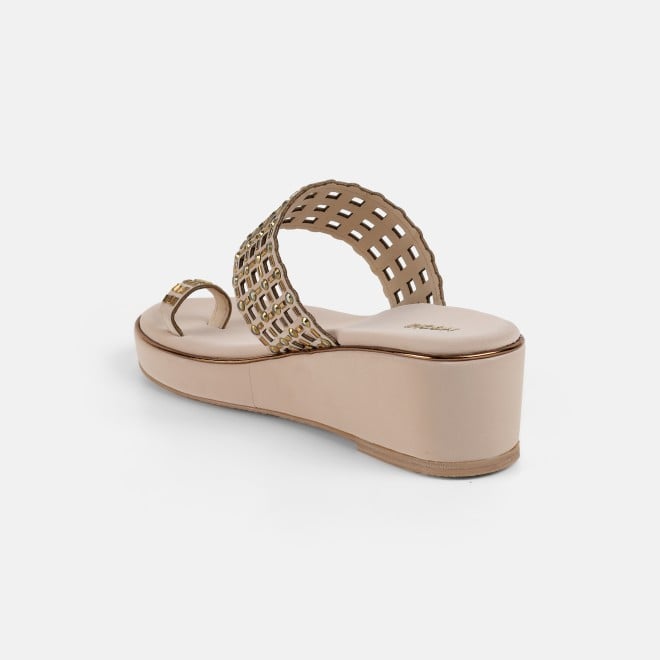 Mochi Women Beige-gold Ethnic Slip Ons (SKU: 35-2388-51-35)