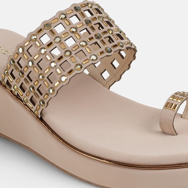 Mochi Women Beige-gold Ethnic Slip Ons (SKU: 35-2388-51-35)