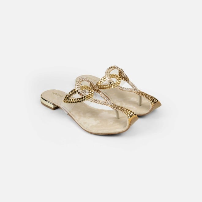 Mochi Women Gold Party Slip Ons (SKU: 35-2407-15-36)