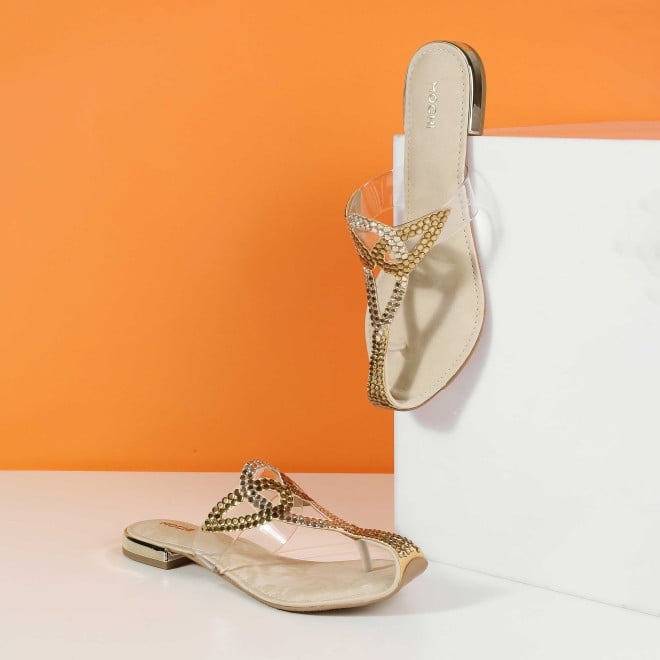 Mochi Women Gold Party Slip Ons