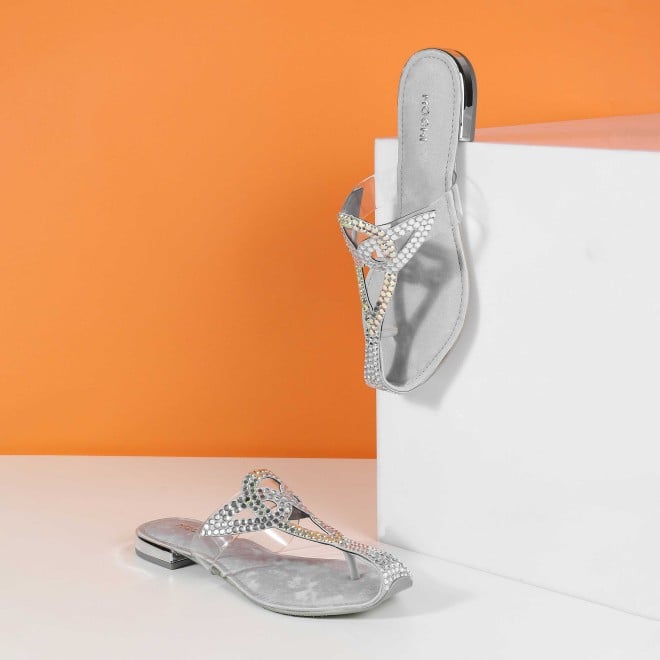 Mochi Women Silver Party Slip Ons