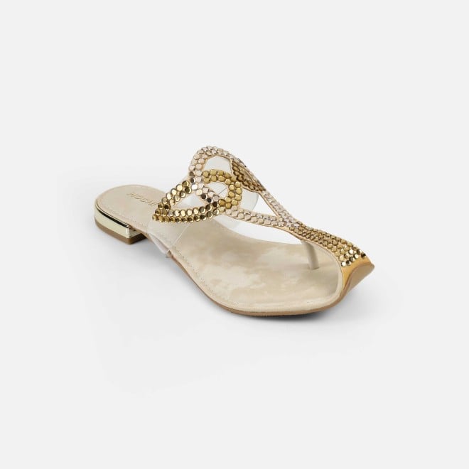 Mochi Women Gold Party Slip Ons (SKU: 35-2407-15-36)