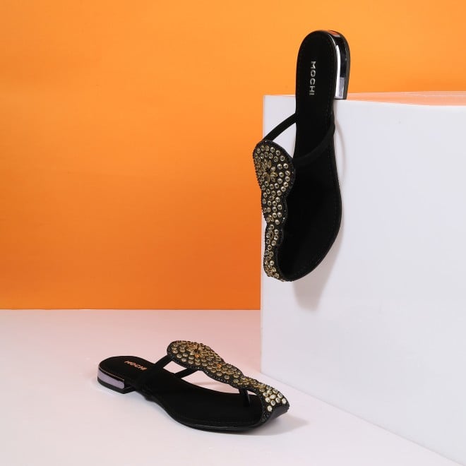 Mochi Women Black Ethnic Slip Ons (SKU: 35-2408-11-36)