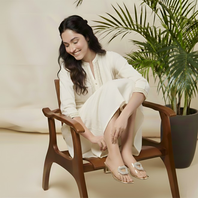 Mochi Women Gold Casual Slip Ons (SKU: 35-2423-15-36)