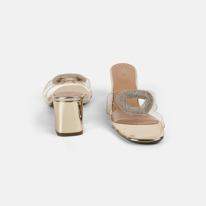 Mochi Women Gold Casual Slip Ons (SKU: 35-2423-15-36)