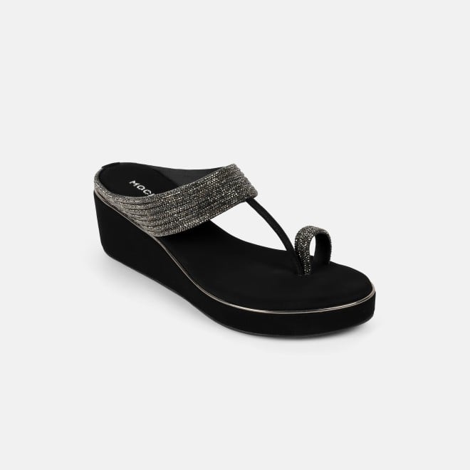 Mochi Women Black Ethnic Slip Ons