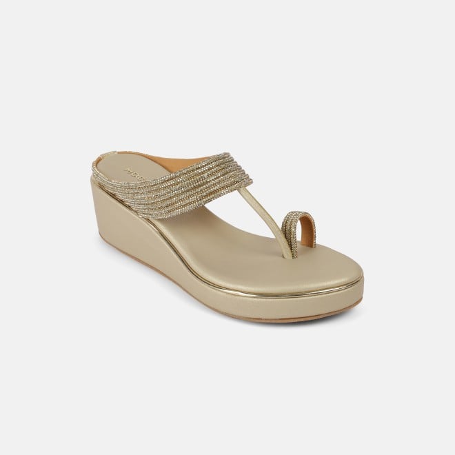 Mochi Women Gold Ethnic Slip Ons