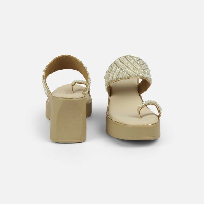 Mochi Women Beige-gold Ethnic Slip Ons (SKU: 35-2431-51-39)